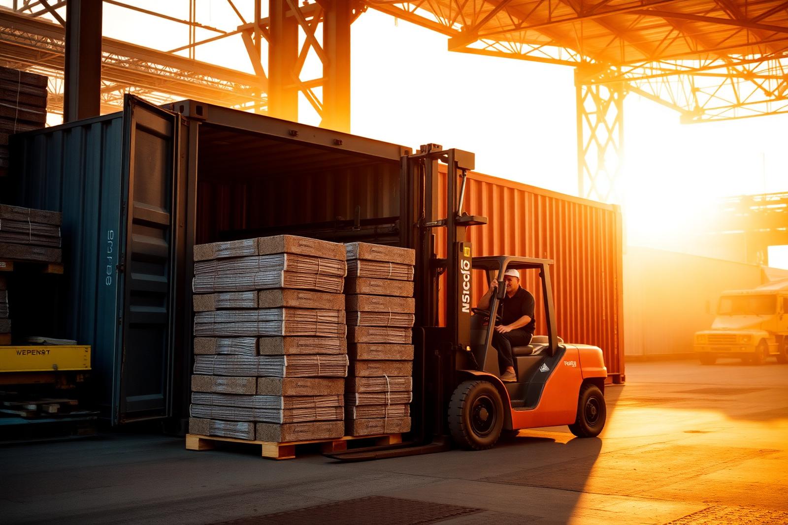 Forklift loading pallets of cocopeat blocks into a shipping container at sunset
