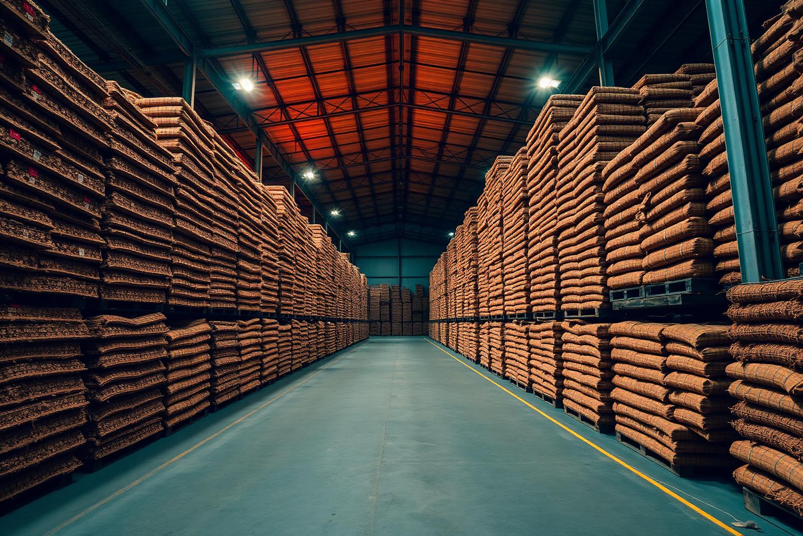 Warehouse rows of stacked cocopeat blocks ready for export